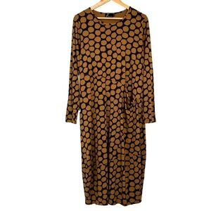 Fenini Yellow Black‎ Polka Dot Long Sleeve Midi Dress Pockets Artsy Lagenlook L